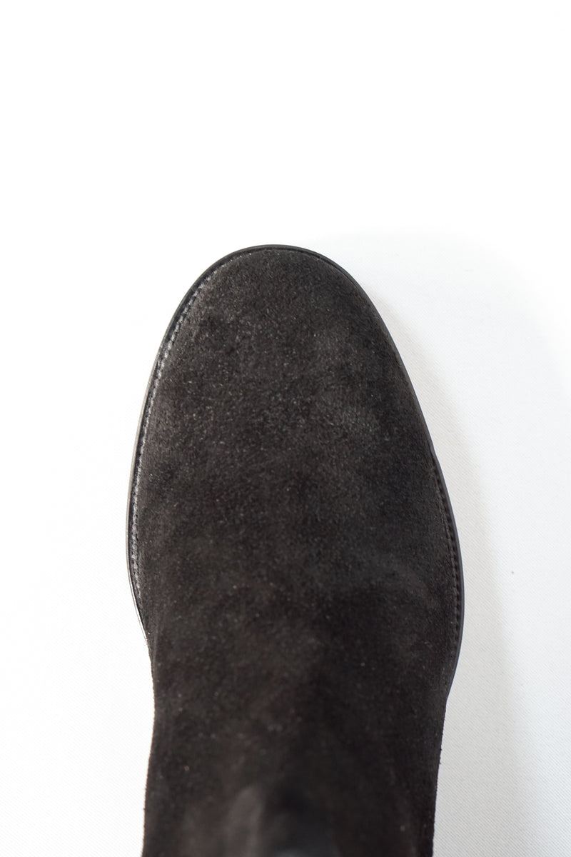 Chelsea Boot Suede leather black high sole with zipper at back top toe view