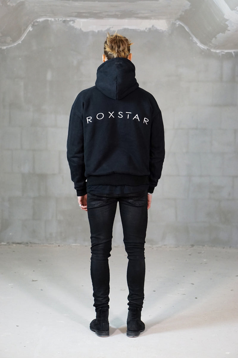 Ultra heavy black hoodie oversized with ROXSTAR embroidery with dropped shoulders silver cross at sleeve backside view