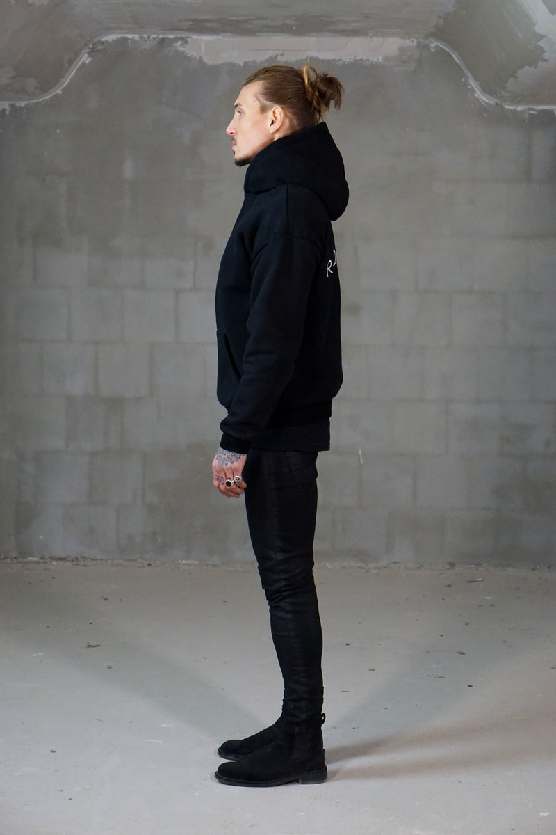 Ultra heavy black hoodie oversized with ROXSTAR embroidery with dropped shoulders silver cross at sleeve side view