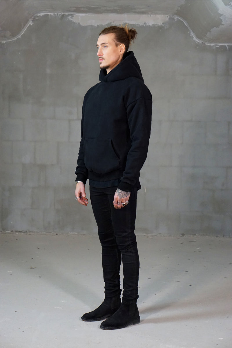 Ultra heavy black hoodie oversized with ROXSTAR embroidery with dropped shoulders silver cross at sleeve half side view