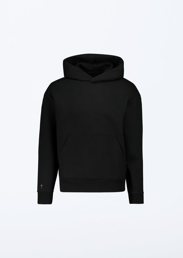 Ultra heavy black hoodie oversized with dropped shoulders silver cross at sleeve