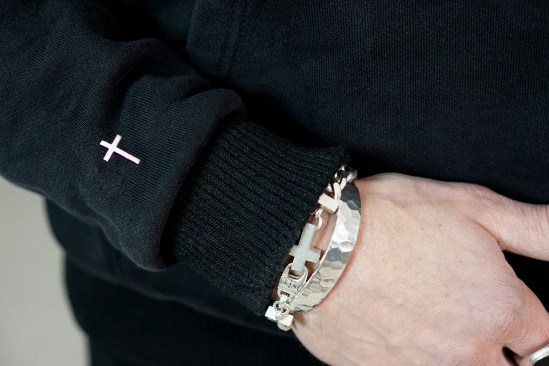 Ultra heavy black hoodie oversized with dropped shoulders silver cross at sleeve detail